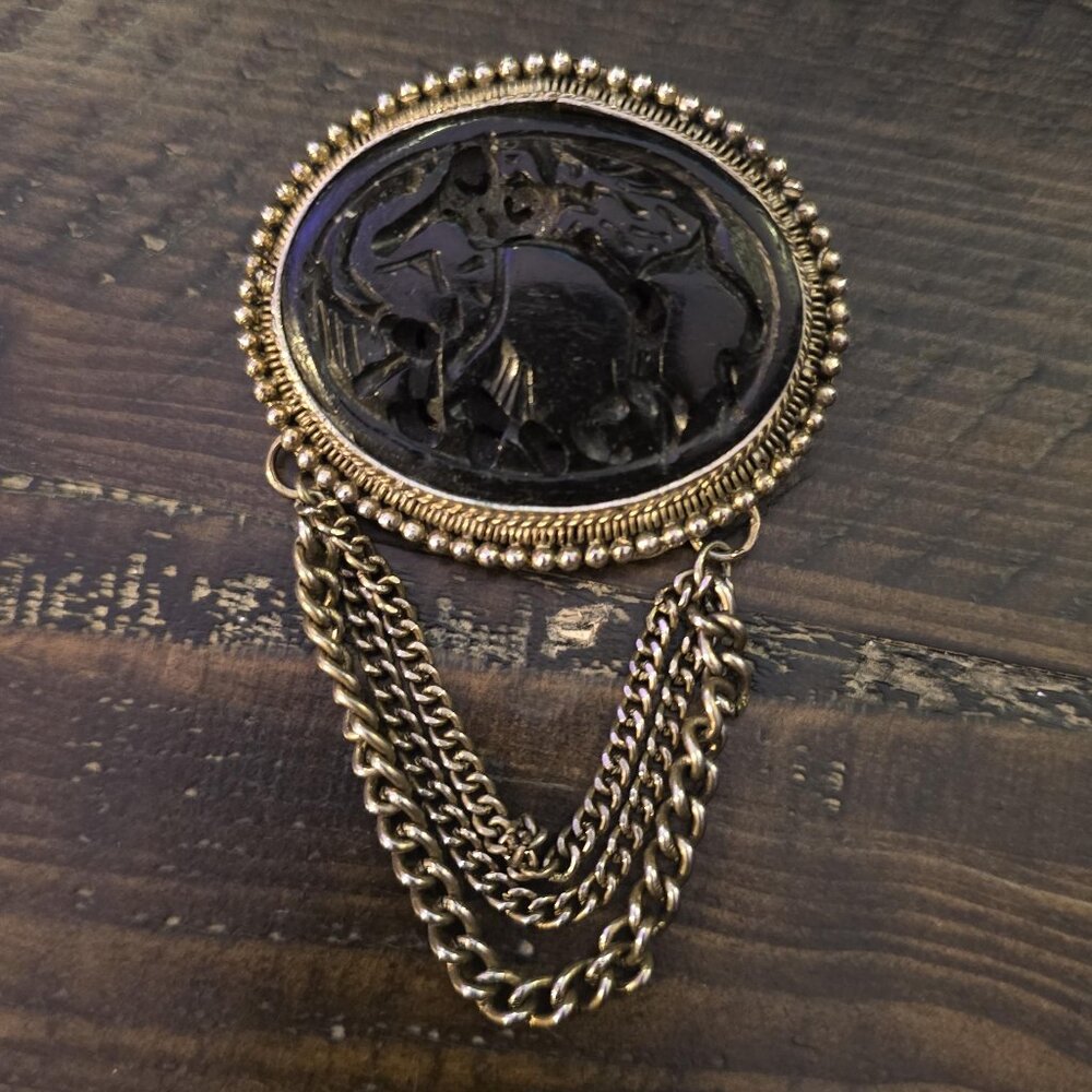 Vintage Victorian Revival Black Carved Brooch w Chains & Gold Tone MCM Gothic